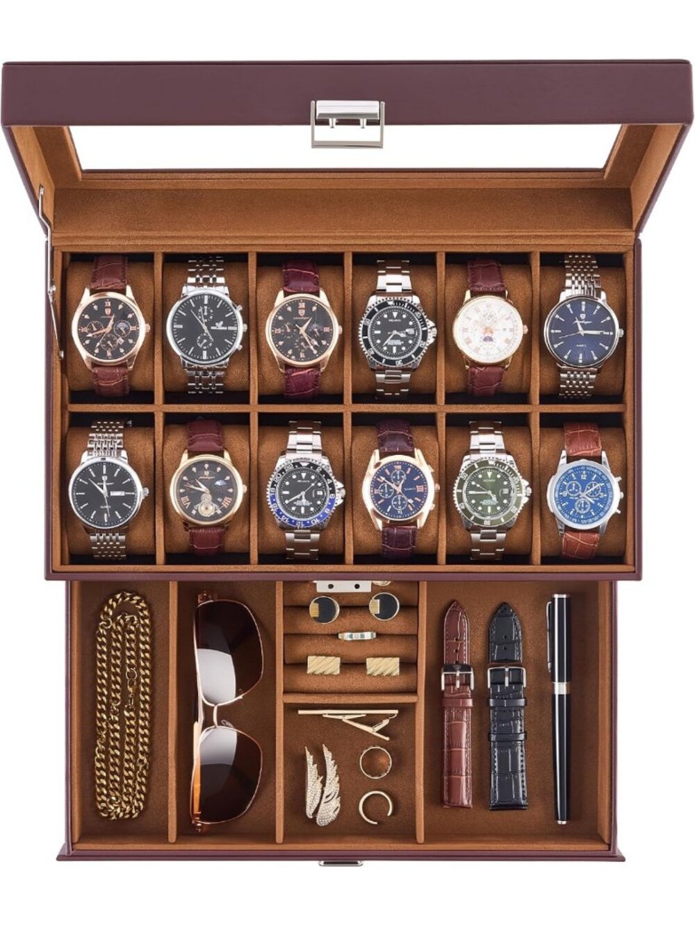 12-Slot Men's Watch Case & Jewelry Box with Drawer & Glass Lid - Organizer